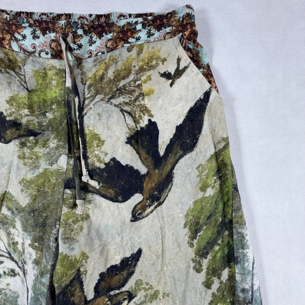 Market of Stars Pants Nature Print Linen Blend Swan Bird Forest Green Size Small - Picture 12 of 16